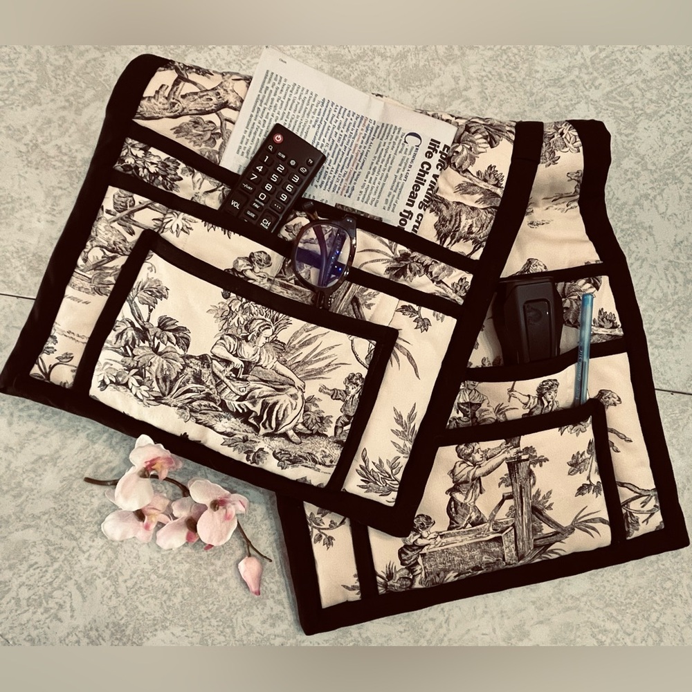Pair of Toile Fabric Organizer: Bed/Chair Use for Books, Mags., Remote, Glasses